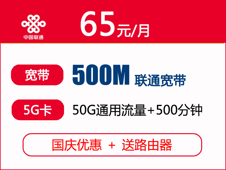 65元包月500M联通独享光纤宽带